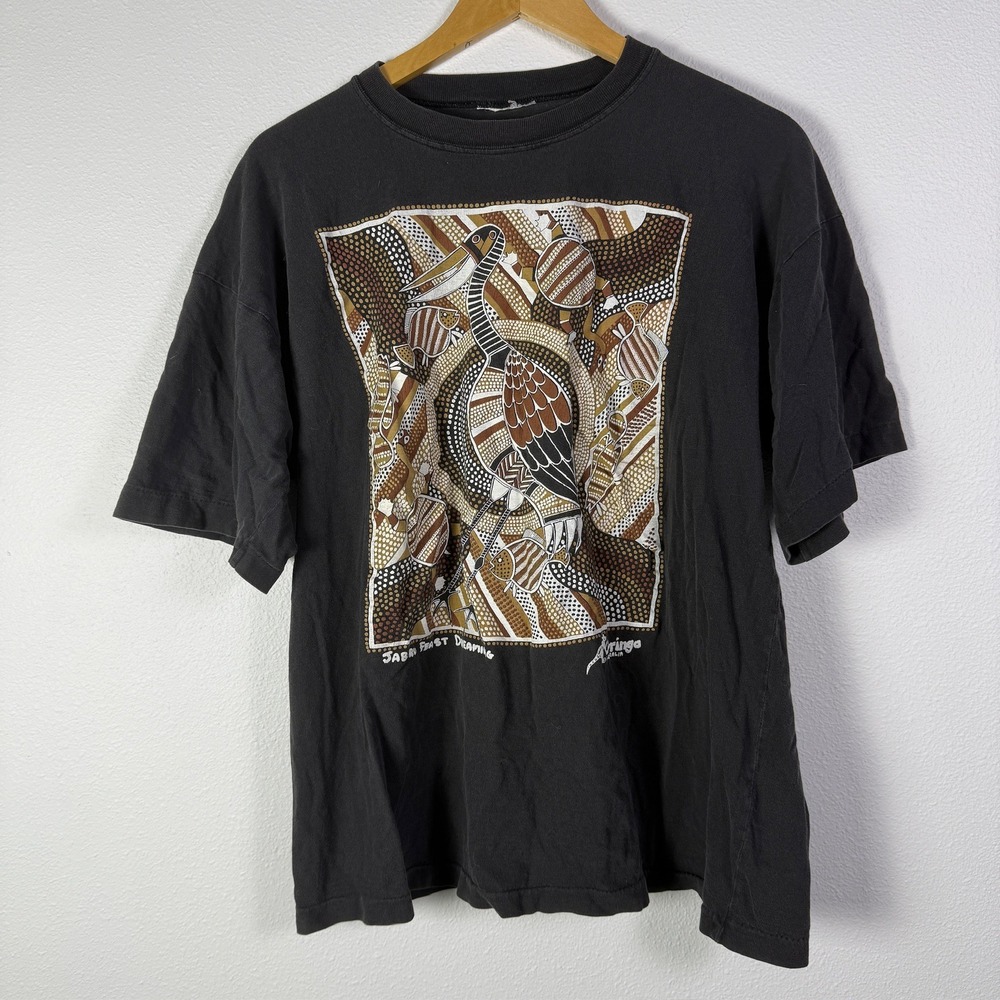 Vintage Jabiru Feast Dreaming Aboriginal Art Graphic T-Shirt Mens XL Black Good